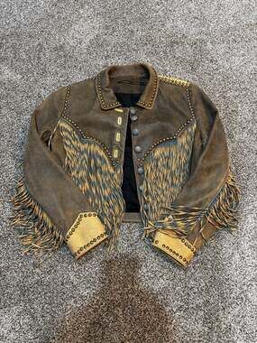 Double D Ranch Western Leather Jacket with Fringe and Stud Detail